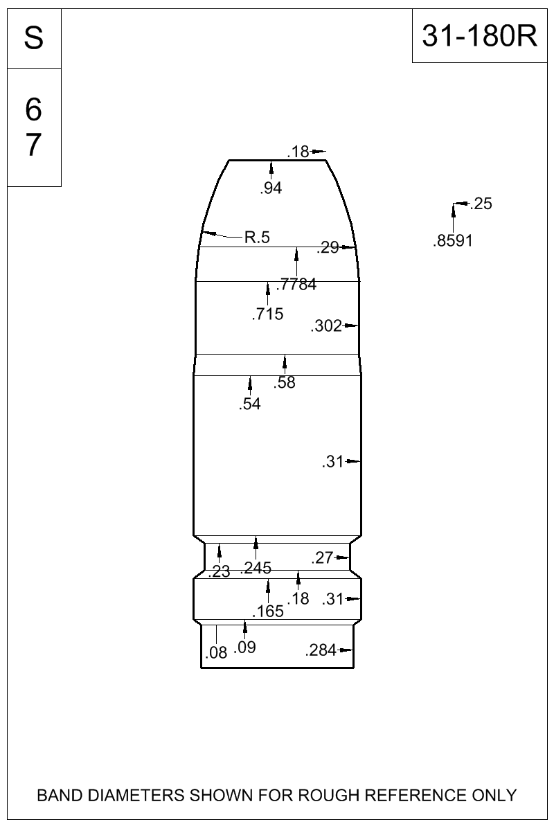 Dimensioned view of bullet 31-180R