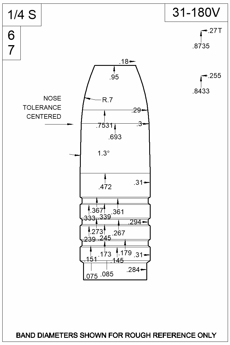 Dimensioned view of bullet 31-180V
