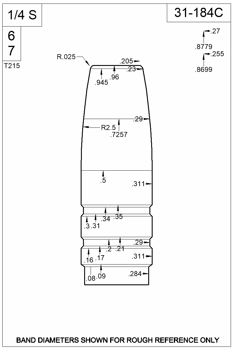 Dimensioned view of bullet 31-184C