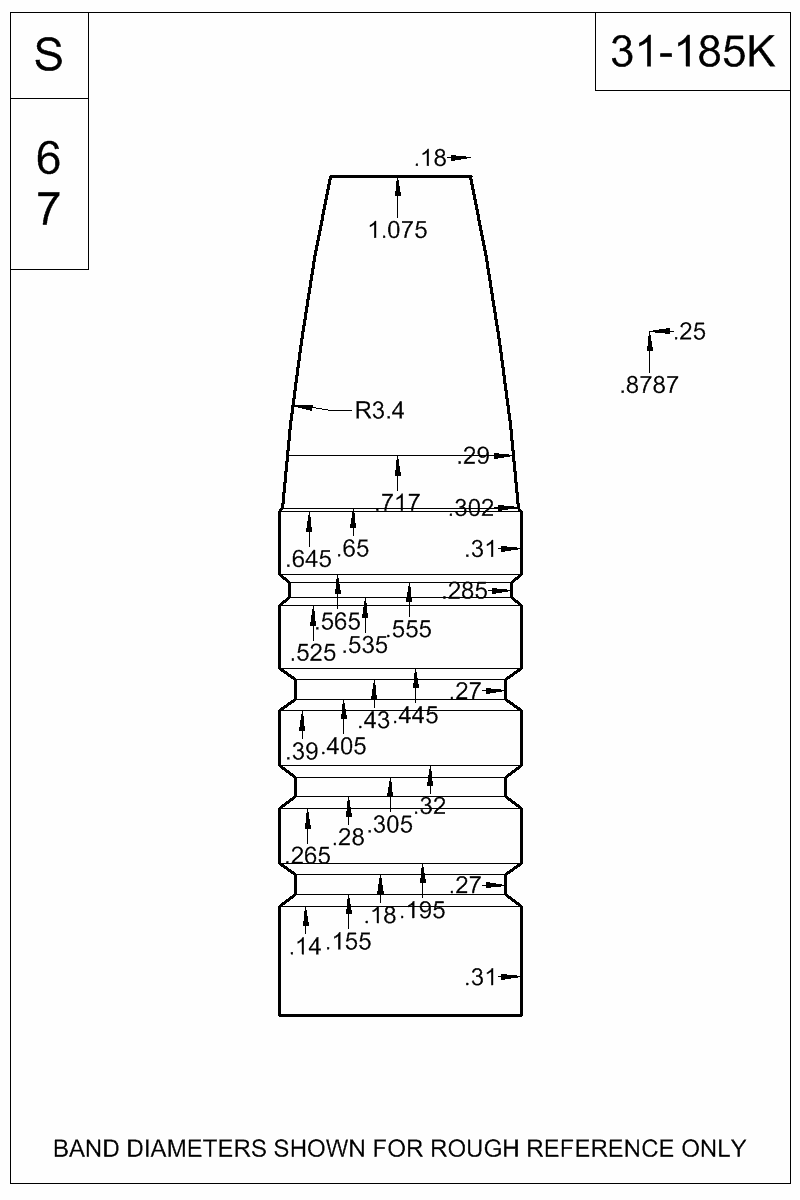 Dimensioned view of bullet 31-185K