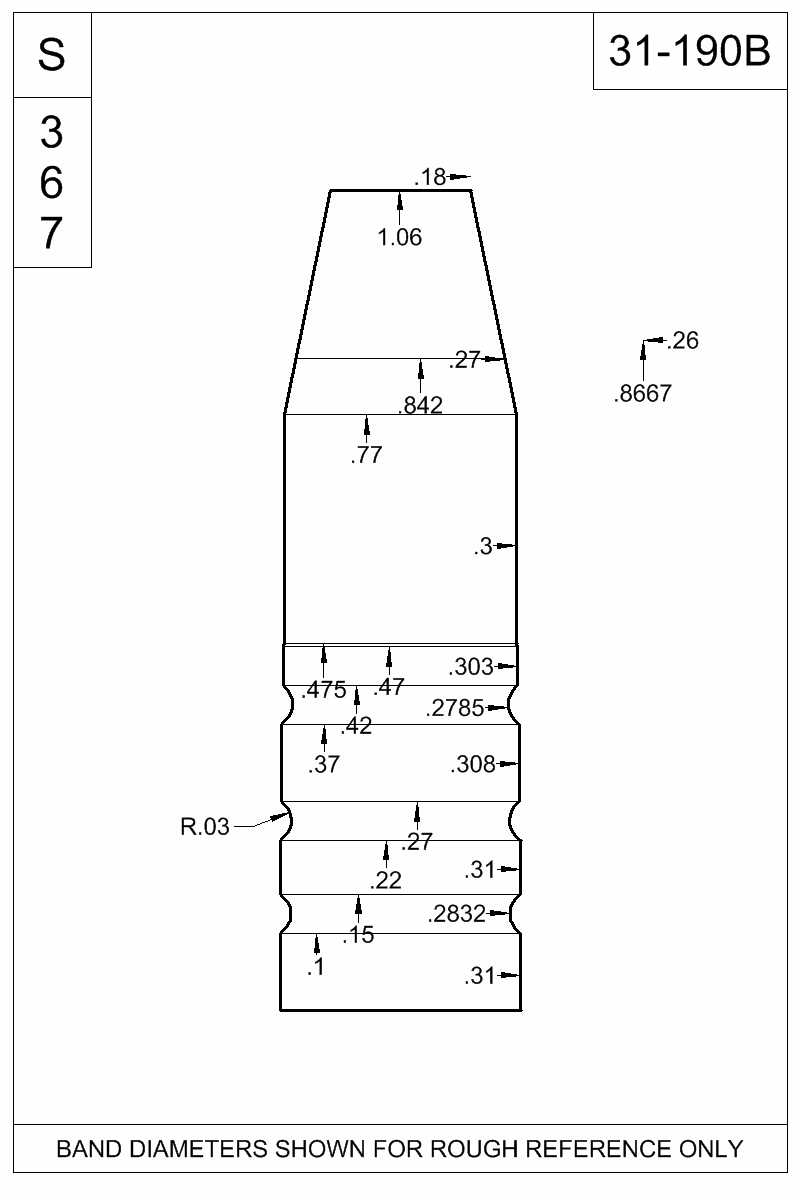 Dimensioned view of bullet 31-190B