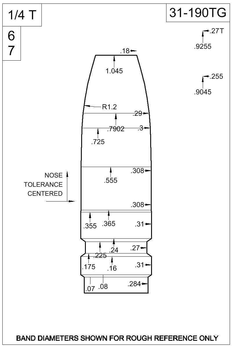 Dimensioned view of bullet 31-190TG