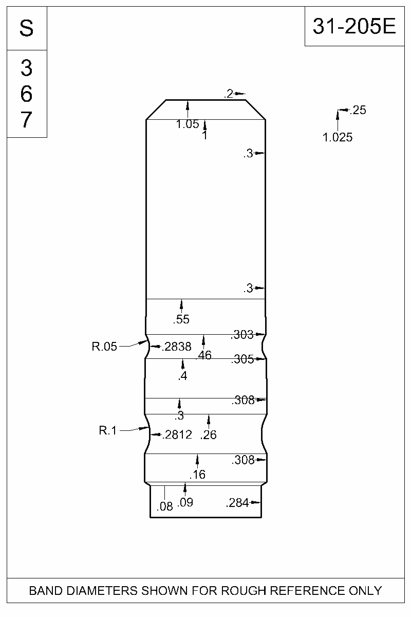 Dimensioned view of bullet 31-205E