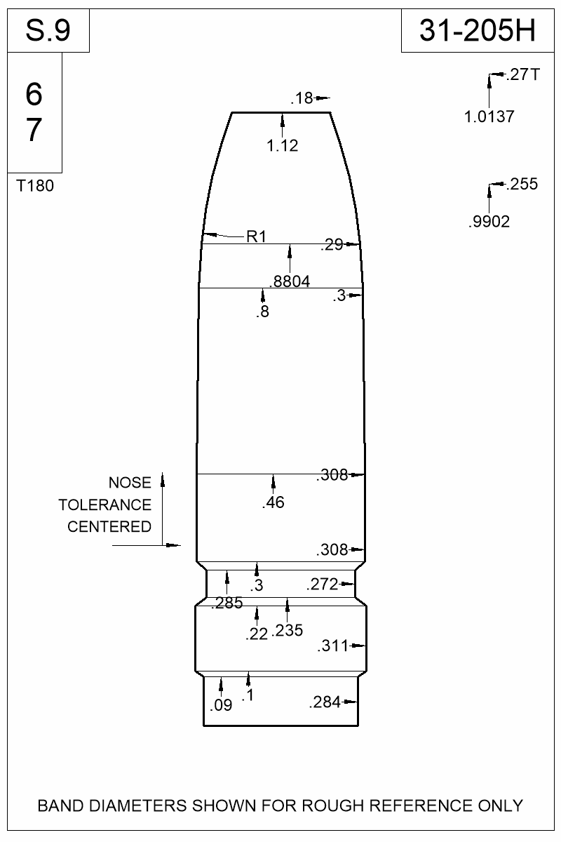 Dimensioned view of bullet 31-205H