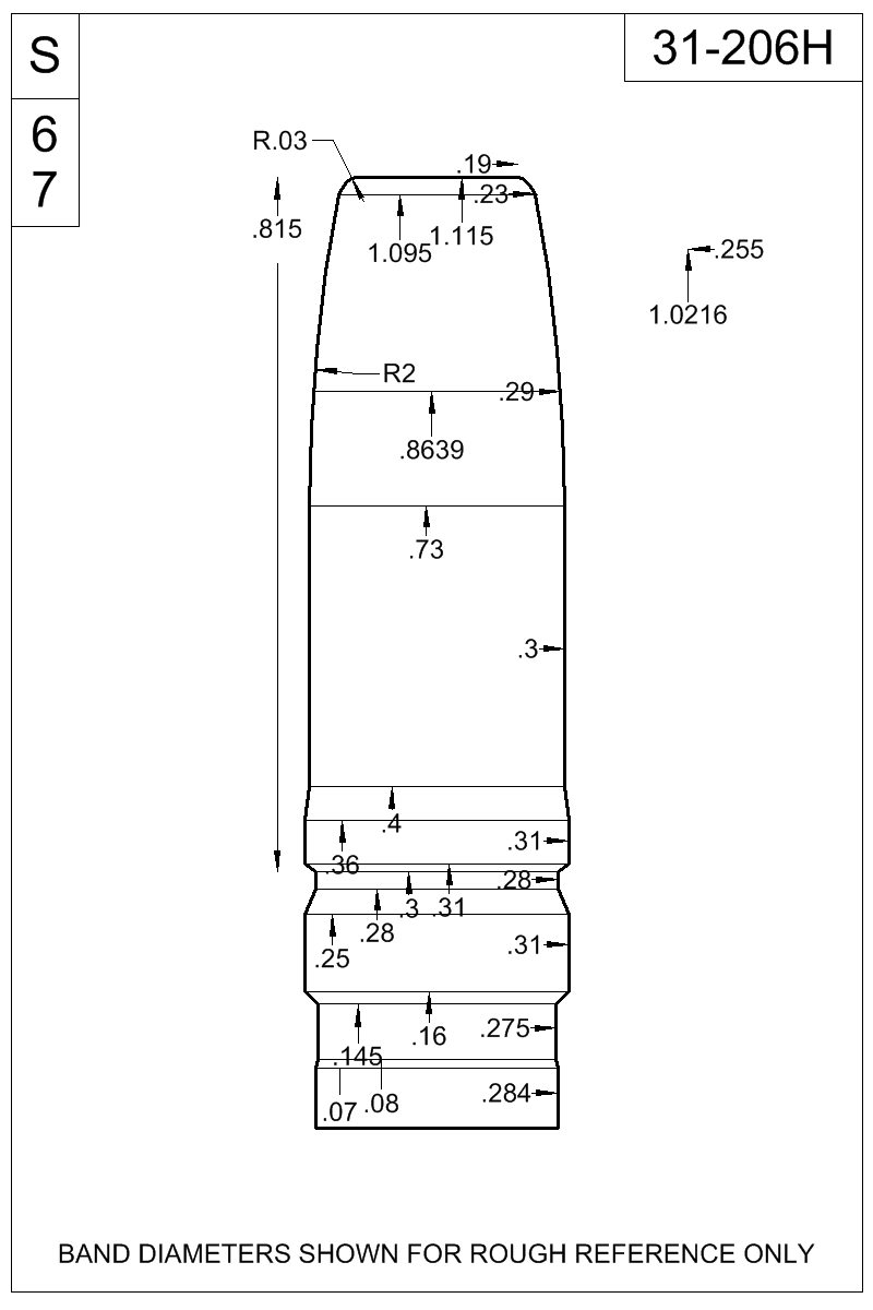 Dimensioned view of bullet 31-206H