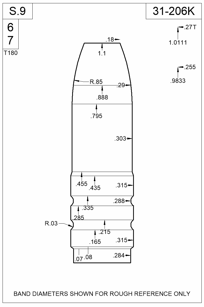 Dimensioned view of bullet 31-206K