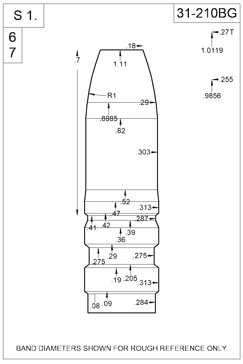 Dimensioned view of bullet 31-210BG