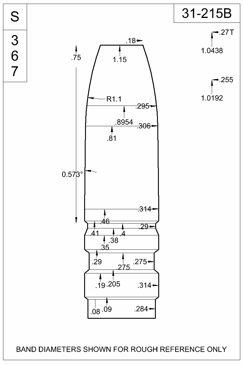 Dimensioned view of bullet 31-215B