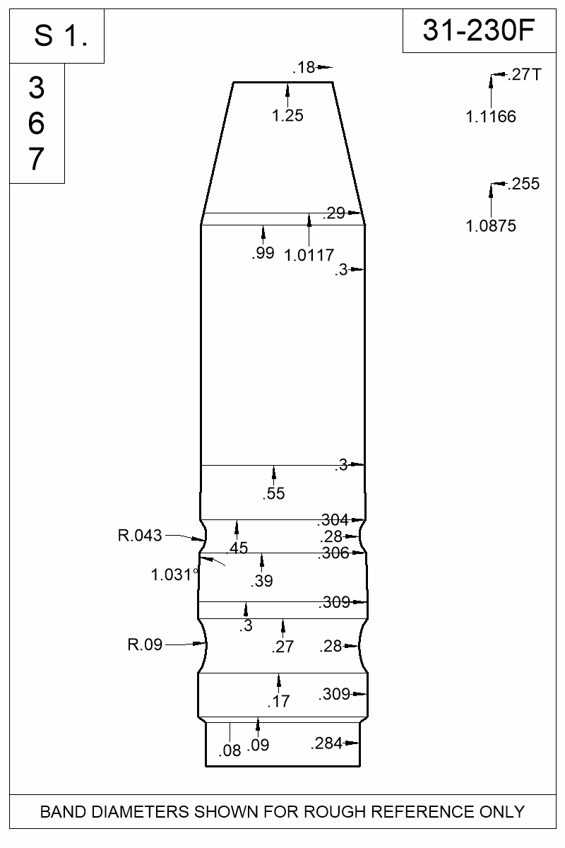 Dimensioned view of bullet 31-230F