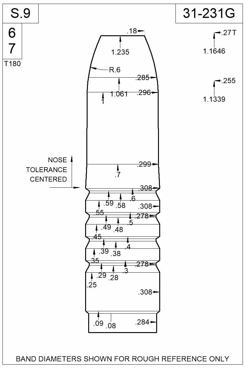 Dimensioned view of bullet 31-231G