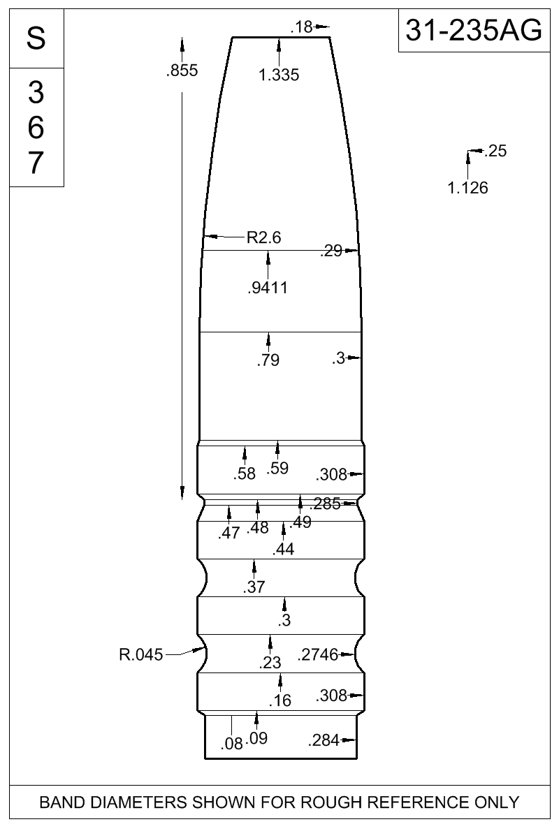 Dimensioned view of bullet 31-235AG