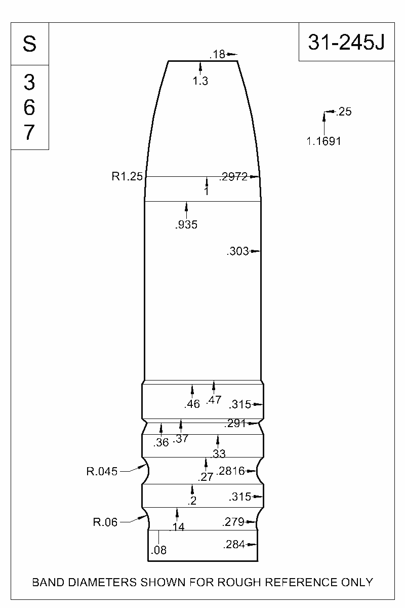 Dimensioned view of bullet 31-245J