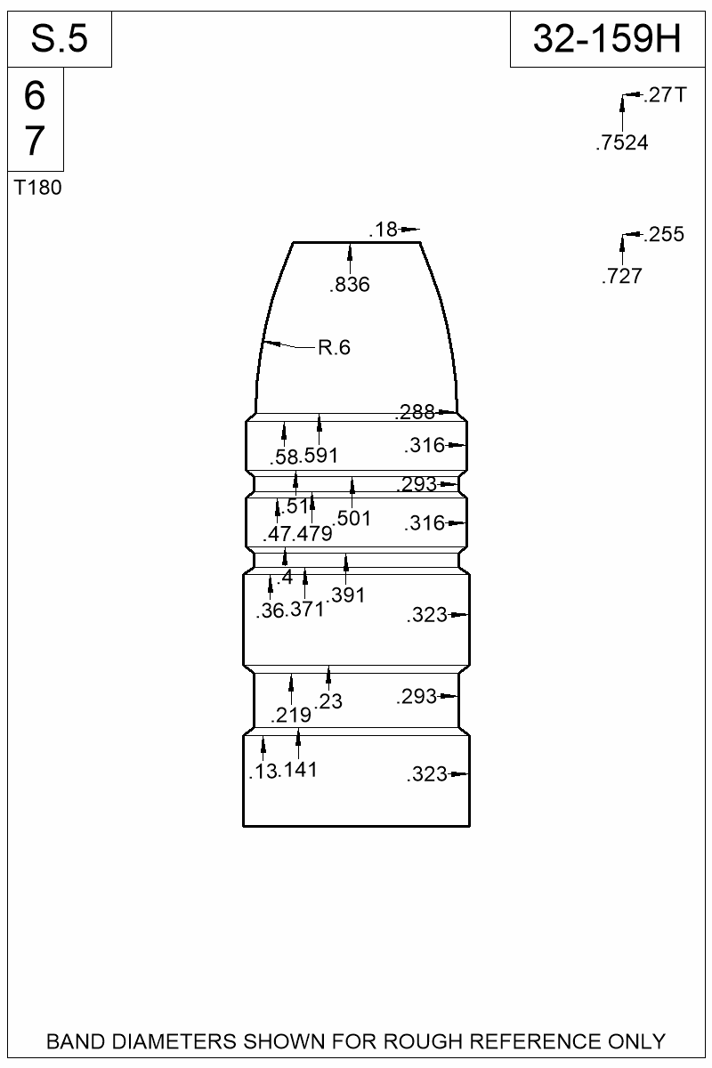 Dimensioned view of bullet 32-159H
