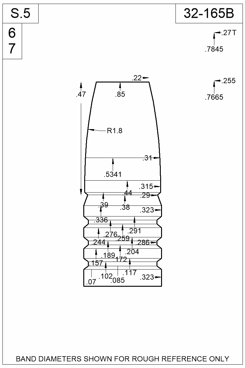 Dimensioned view of bullet 32-165B