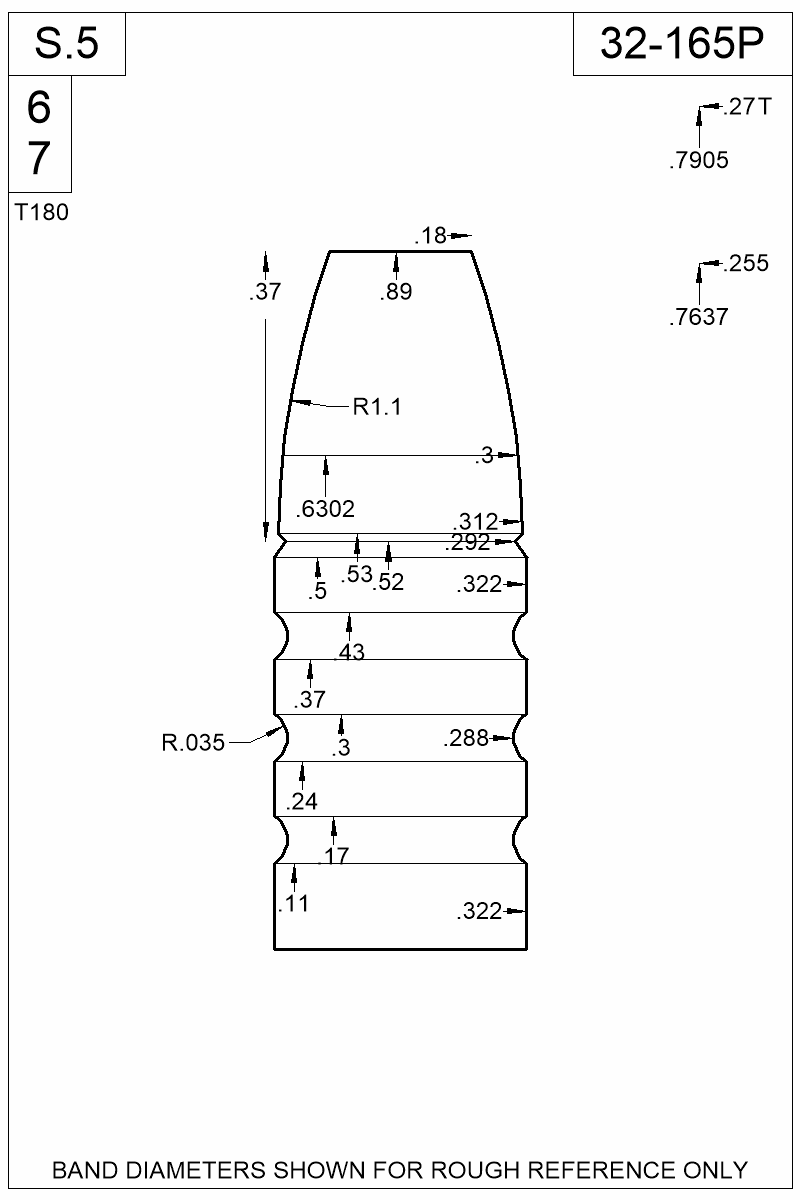Dimensioned view of bullet 32-165P