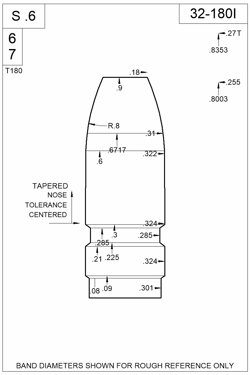Dimensioned view of bullet 32-180I