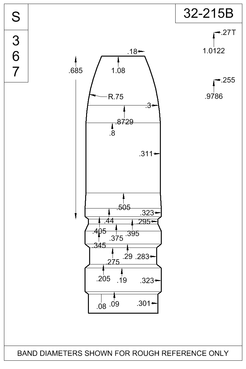 Dimensioned view of bullet 32-215B