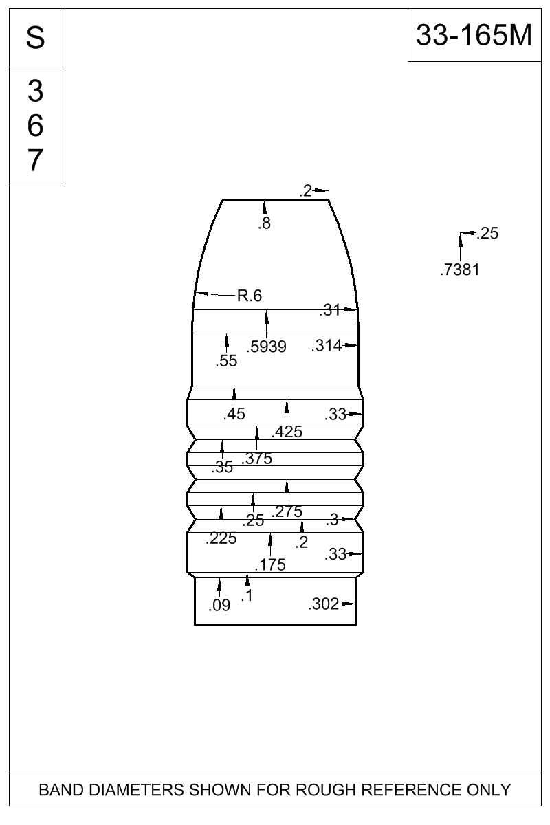 Dimensioned view of bullet 33-165M