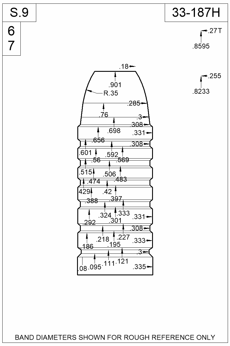Dimensioned view of bullet 33-187H
