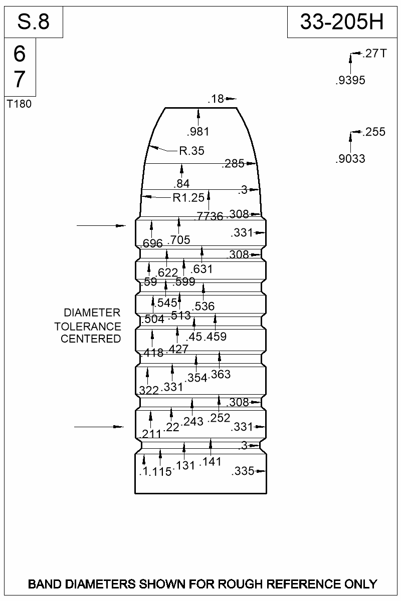 Dimensioned view of bullet 33-205H