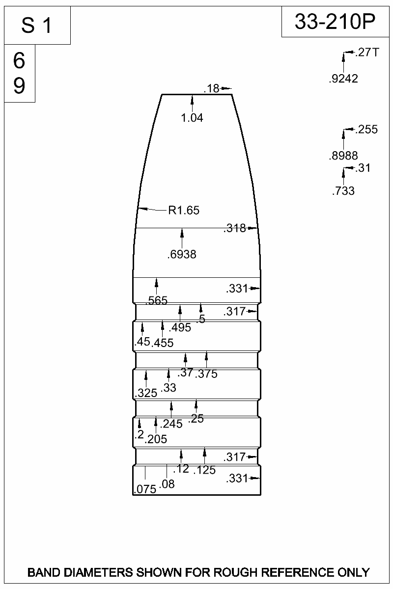 Dimensioned view of bullet 33-210P
