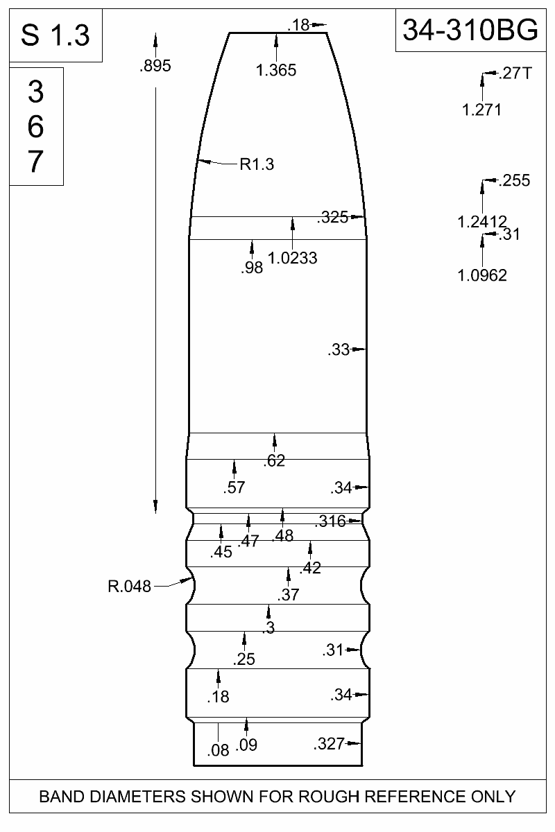 Dimensioned view of bullet 34-310BG