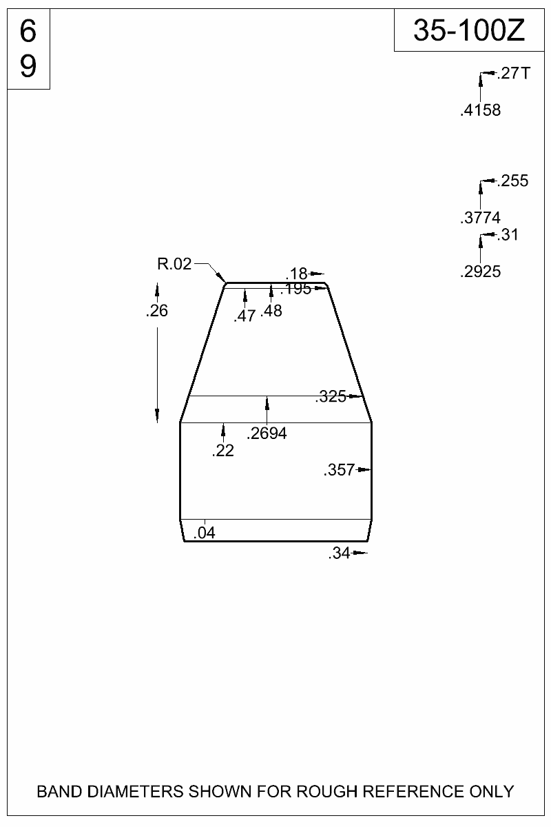 Accurate Molds catalog #35-100Z Dimensioned view of bullet 35-100Z.