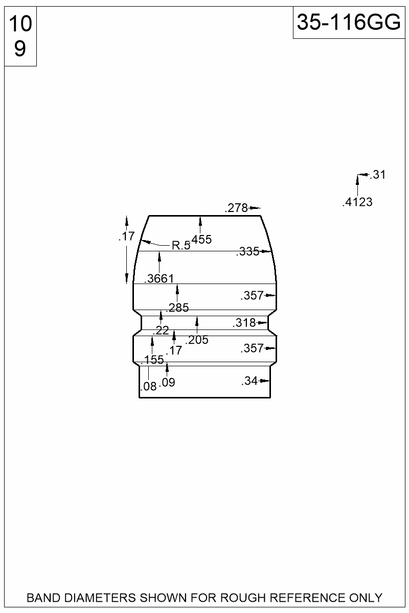 Accurate Molds catalog #35-116GG Dimensioned view of bullet 35-116GG.