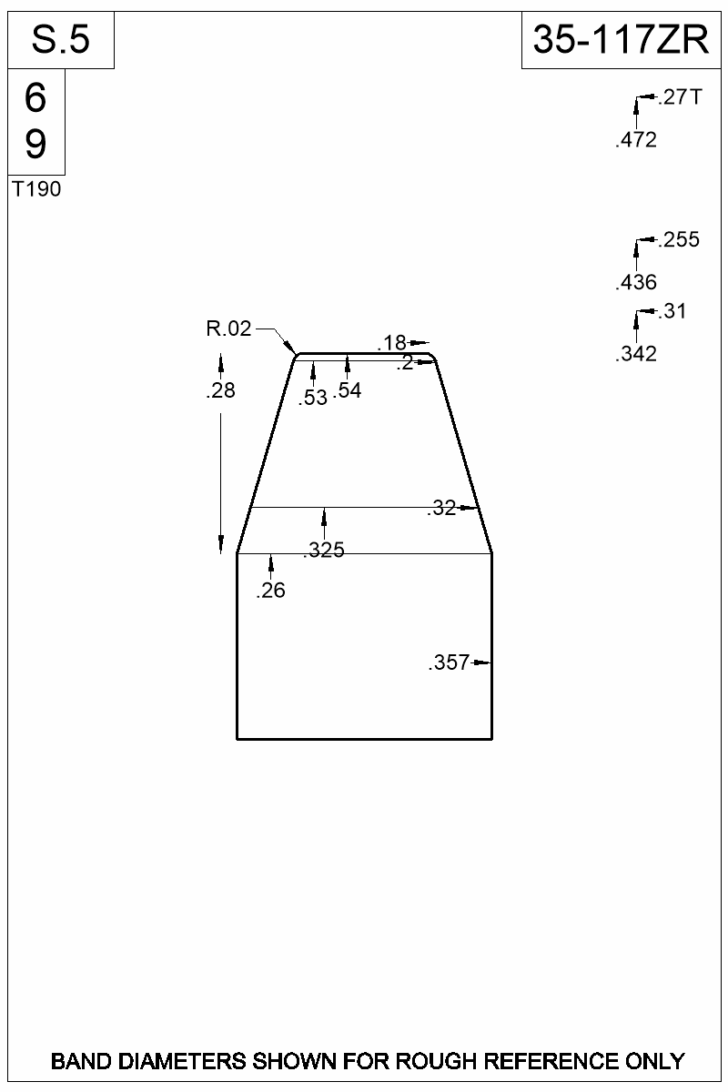 Accurate Molds catalog #35-117ZR Dimensioned view of bullet 35-117ZR.