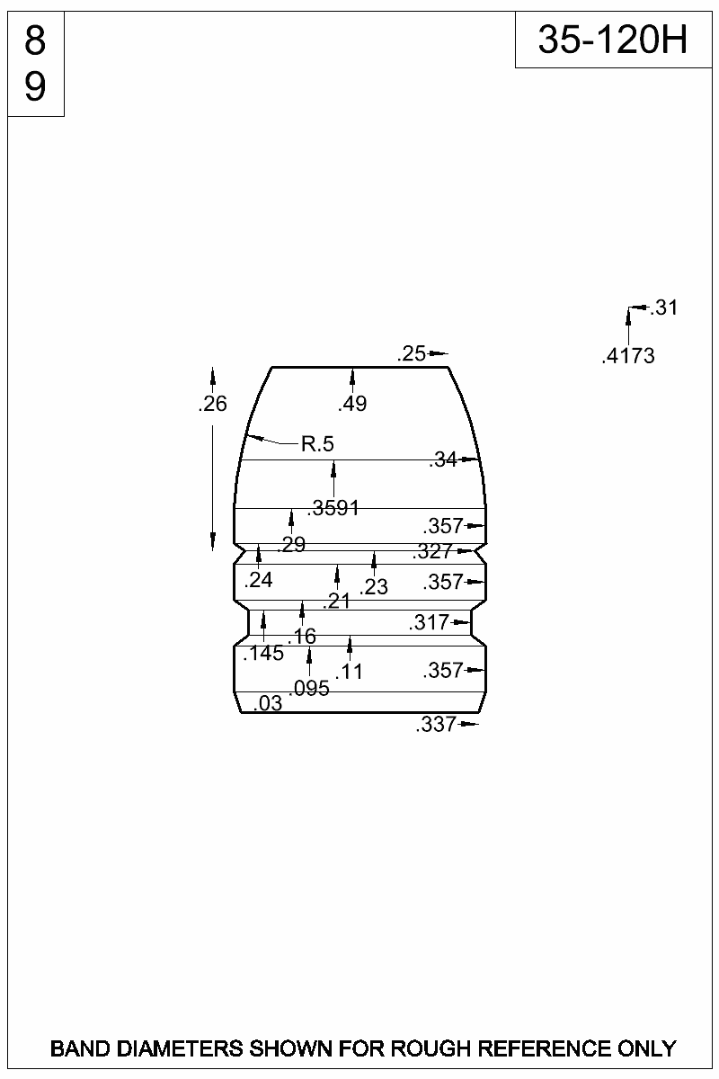 Accurate Molds catalog #35-120H Dimensioned view of bullet 35-120H.