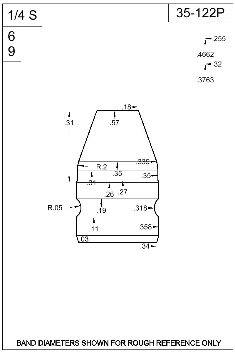 Dimensioned view of bullet 35-122P
