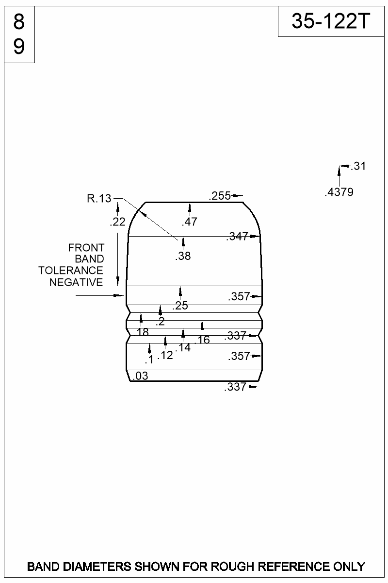 Accurate Molds catalog #35-122T Dimensioned view of bullet 35-122T.