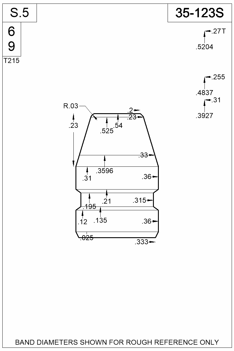 Accurate Molds catalog #35-123S Dimensioned view of bullet 35-123S.