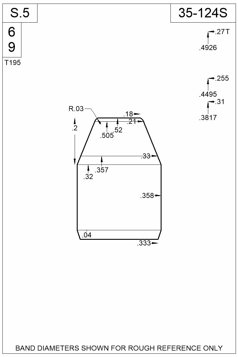 Accurate Molds catalog #35-124S Dimensioned view of bullet 35-124S.