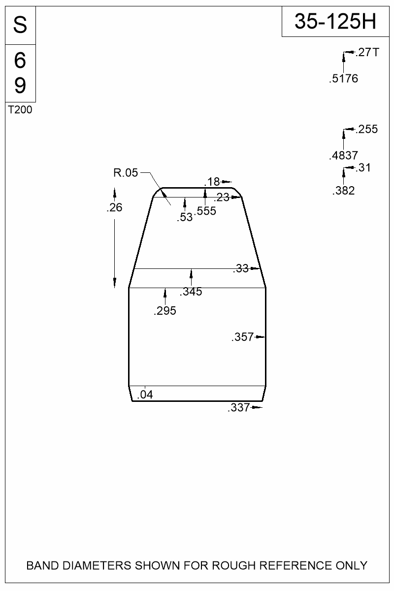 Accurate Molds catalog #35-125H Dimensioned view of bullet 35-125H.