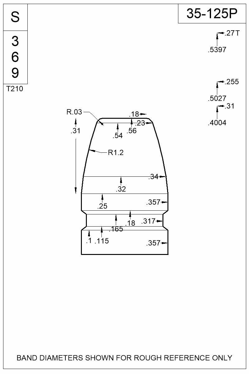 Accurate Molds catalog #35-125P Dimensioned view of bullet 35-125P.