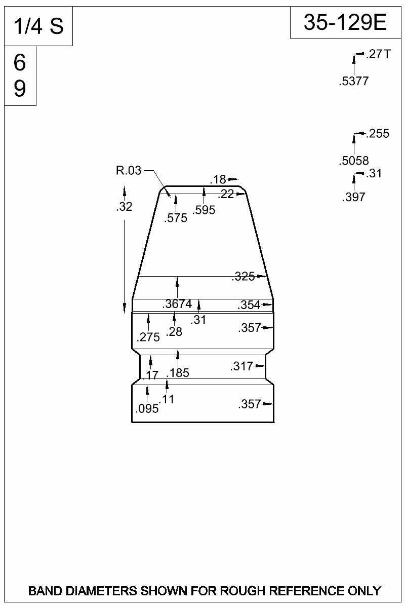 Accurate Molds catalog #35-129E Dimensioned view of bullet 35-129E.