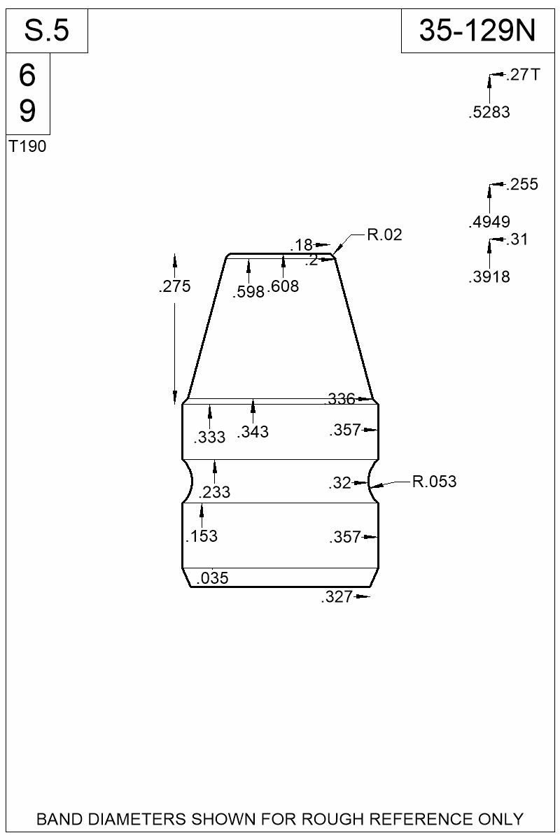 Accurate Molds catalog #35-129N Dimensioned view of bullet 35-129N.
