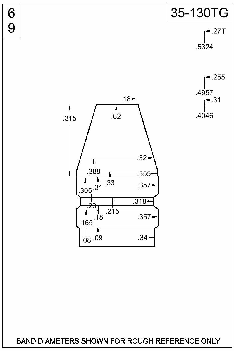Accurate Molds catalog #35-130TG Dimensioned view of bullet 35-130TG.