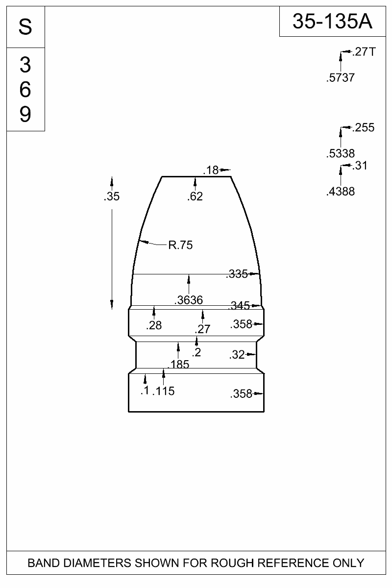 Dimensioned view of bullet 35-135A