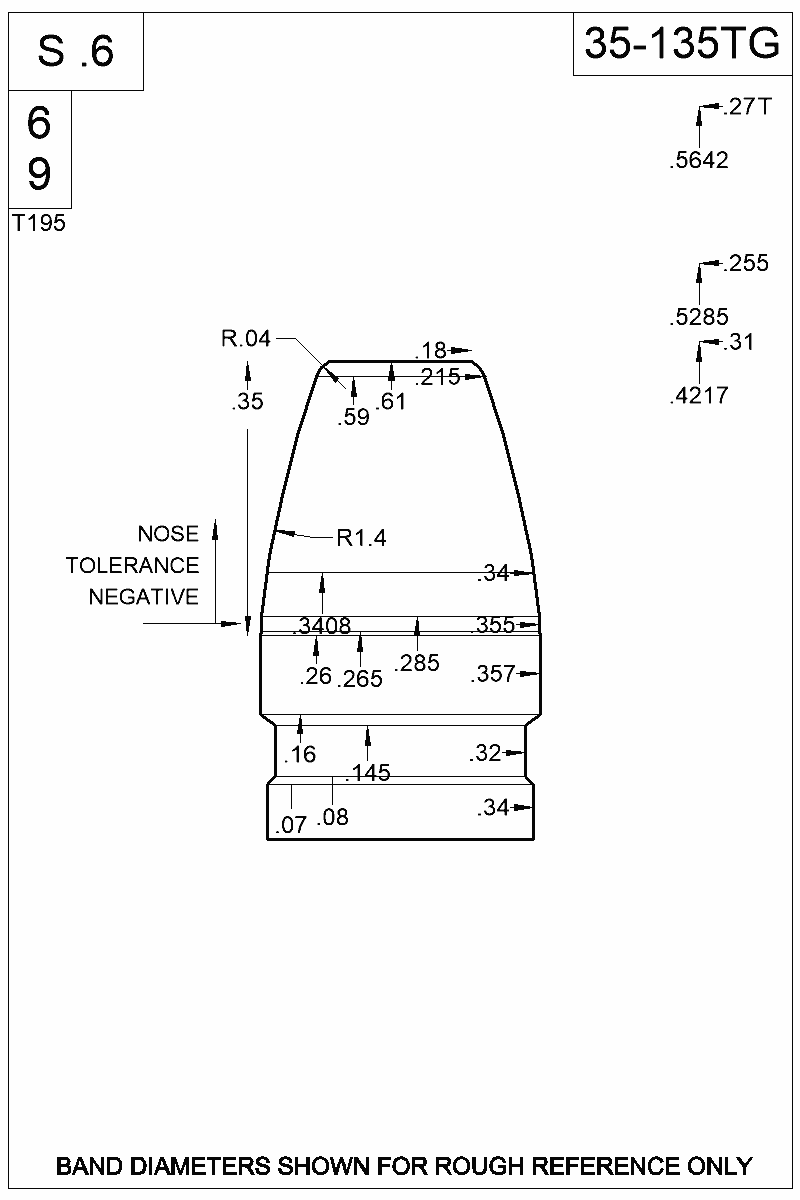 Accurate Molds catalog #35-135TG Dimensioned view of bullet 35-135TG.