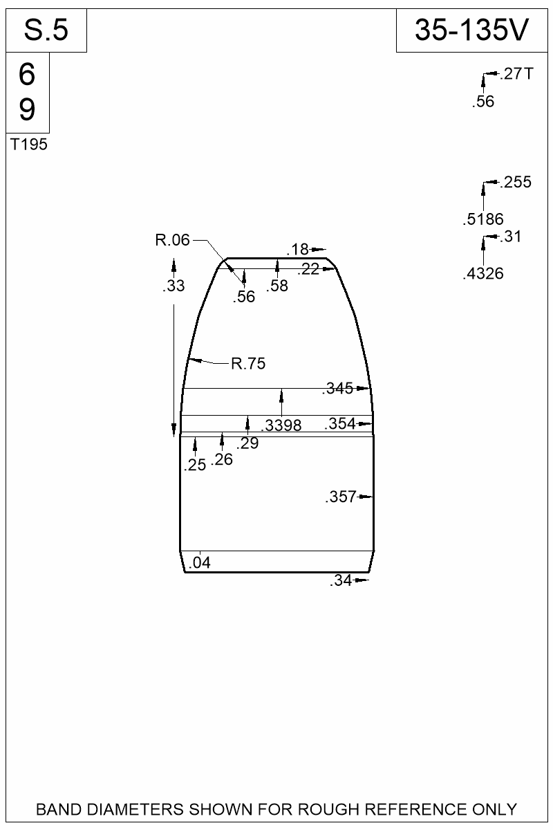 Accurate Molds catalog #35-135V Dimensioned view of bullet 35-135V.