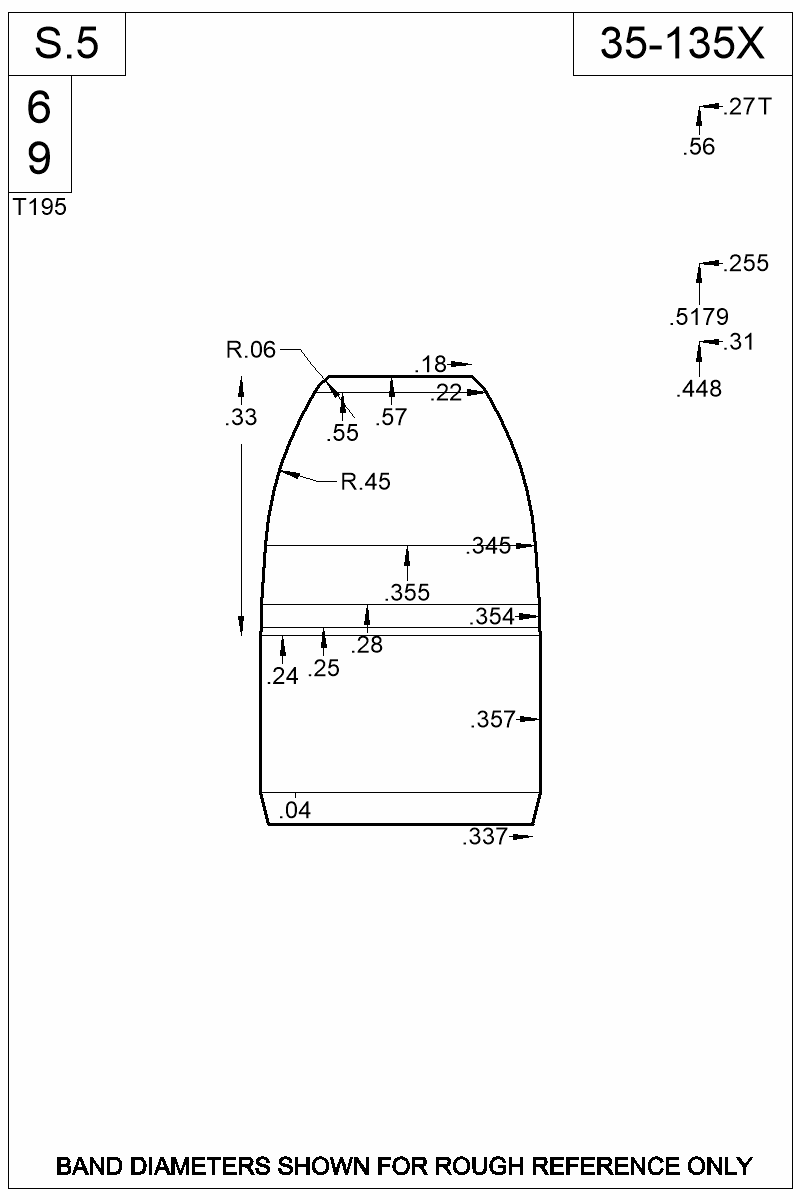 Accurate Molds catalog #35-135X Dimensioned view of bullet 35-135X.