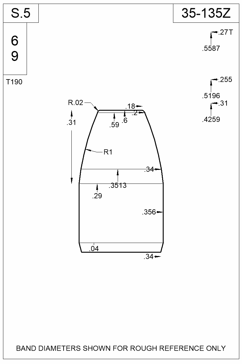 Accurate Molds catalog #35-135Z Dimensioned view of bullet 35-135Z.