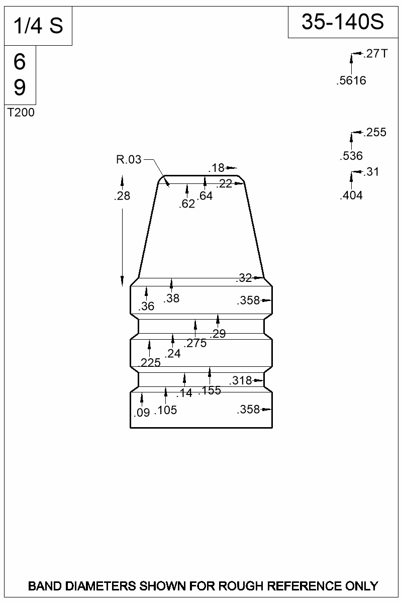 Accurate Molds catalog #35-140S Dimensioned view of bullet 35-140S.