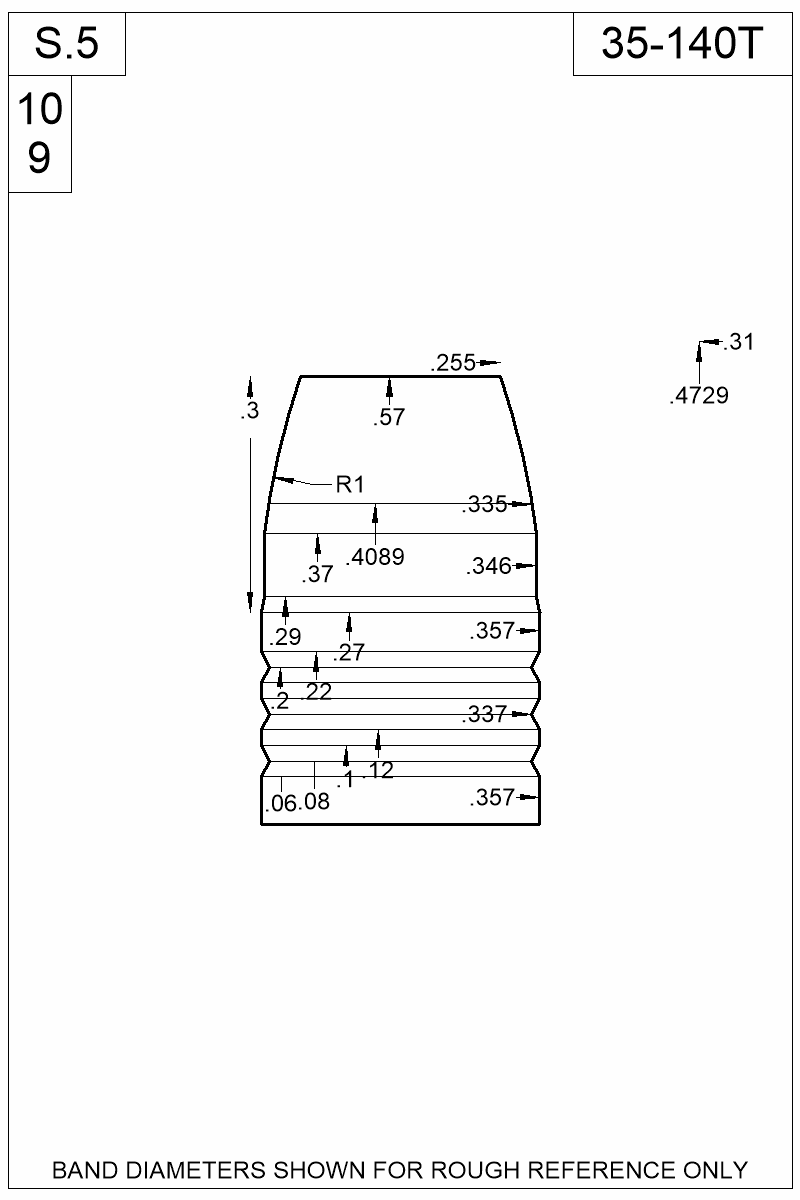 Accurate Molds catalog #35-140T Dimensioned view of bullet 35-140T.