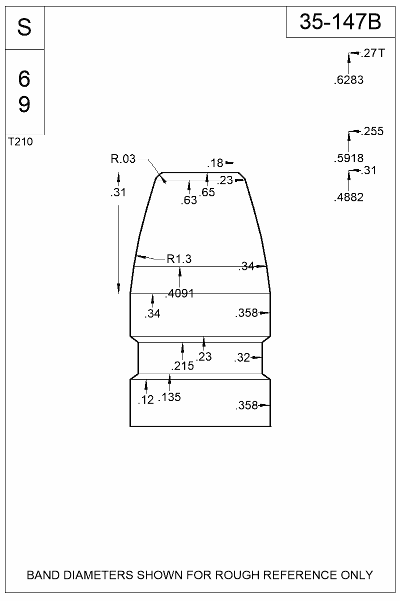 Accurate Molds catalog #35-147B Dimensioned view of bullet 35-147B.