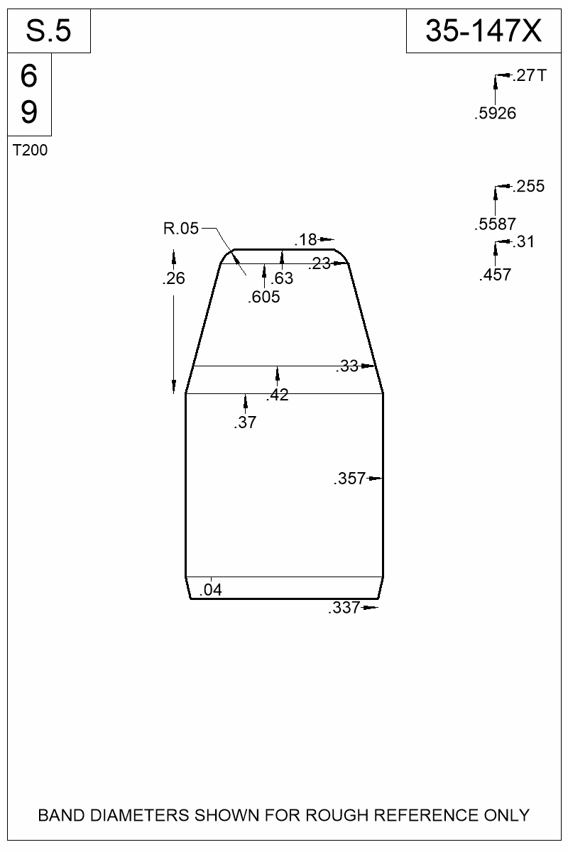 Accurate Molds catalog #35-147X Dimensioned view of bullet 35-147X.