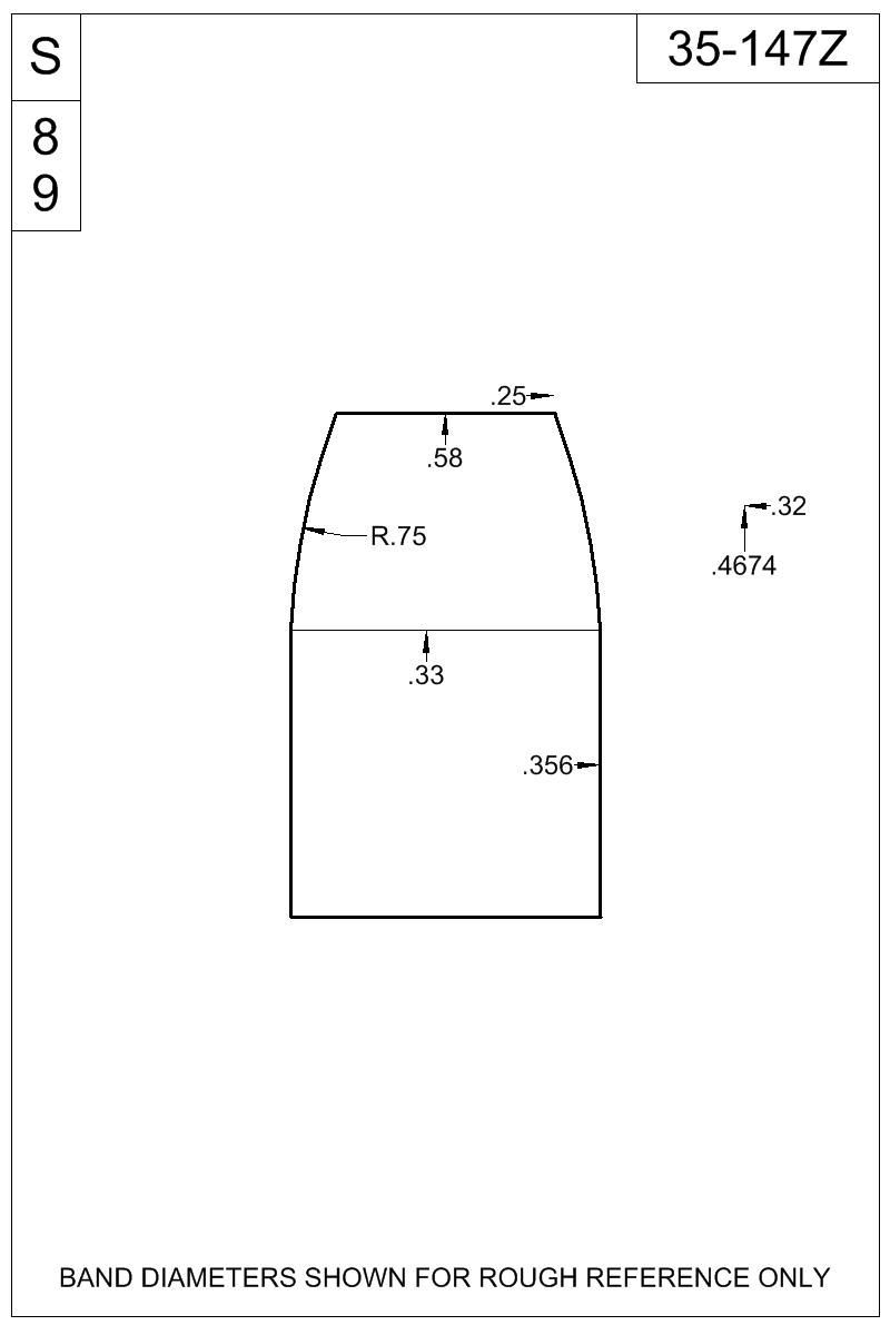 Accurate Molds catalog #35-147Z Dimensioned view of bullet 35-147Z.