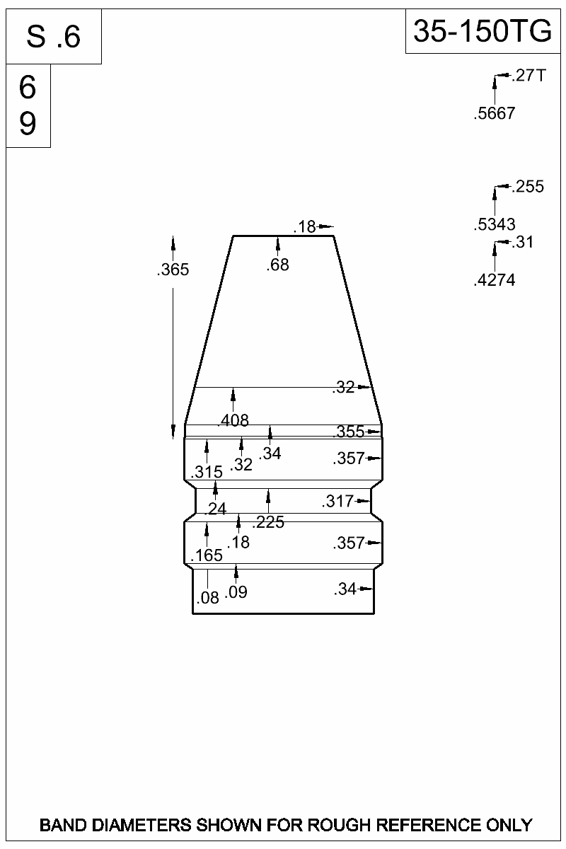 Accurate Molds catalog #35-150TG Dimensioned view of bullet 35-150TG.